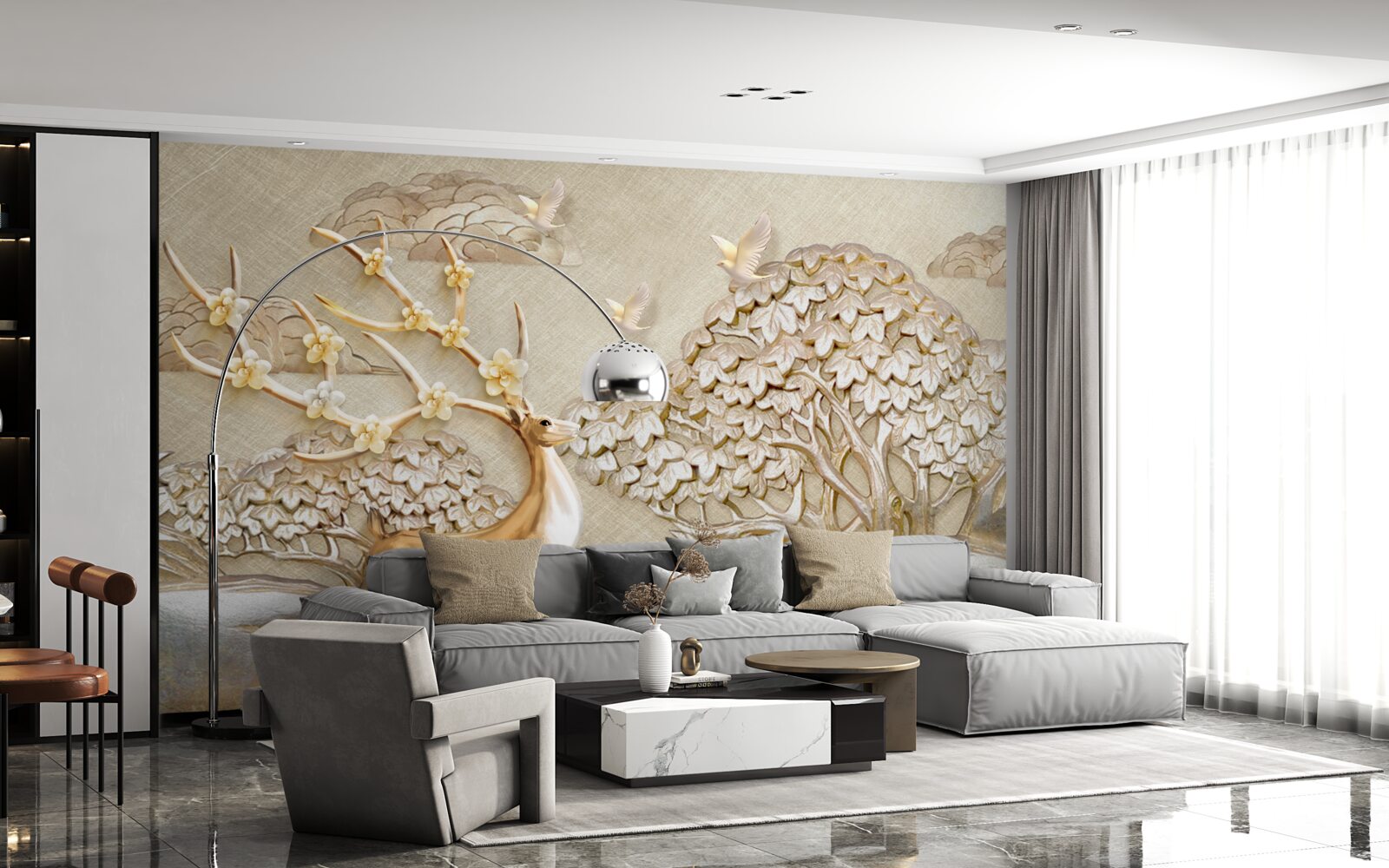 Fototapet cerb auriu alergând luxuriant pe o pajiște