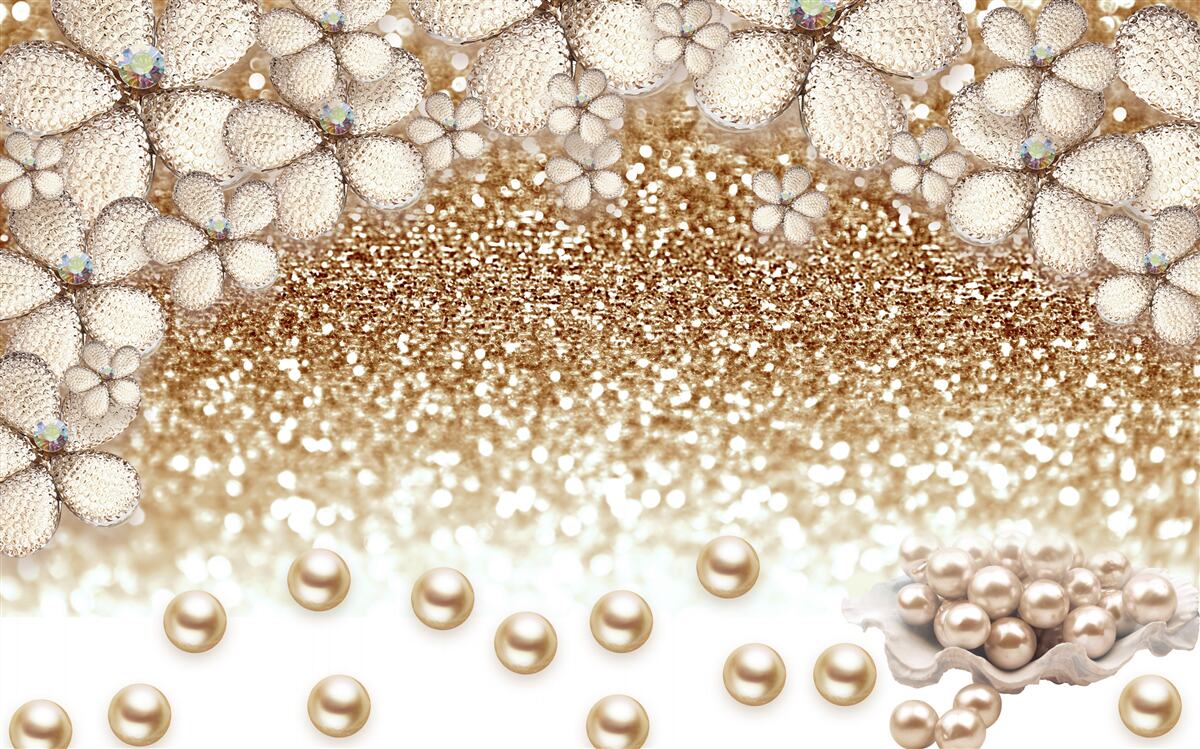 Fototapet flori albe și aurii și perle