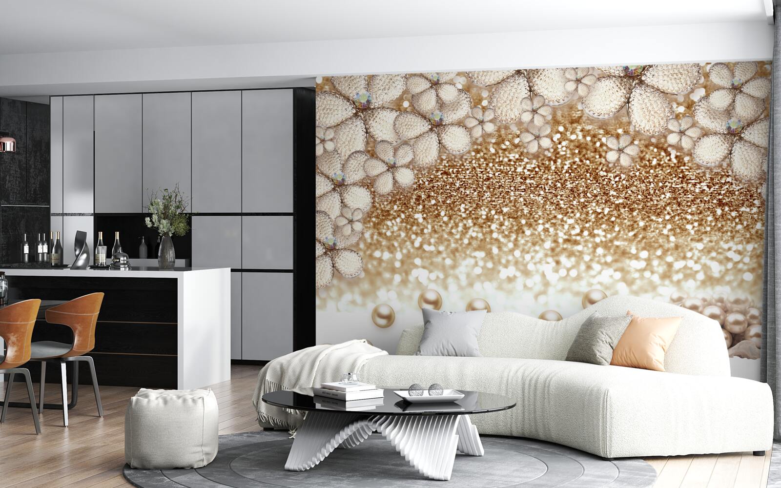 Fototapet flori albe și aurii și perle