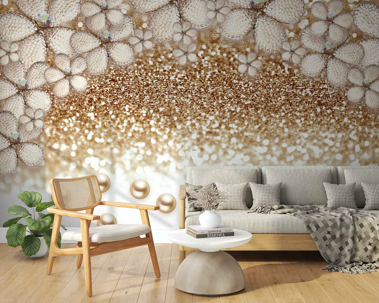 Fototapet flori albe și aurii și perle