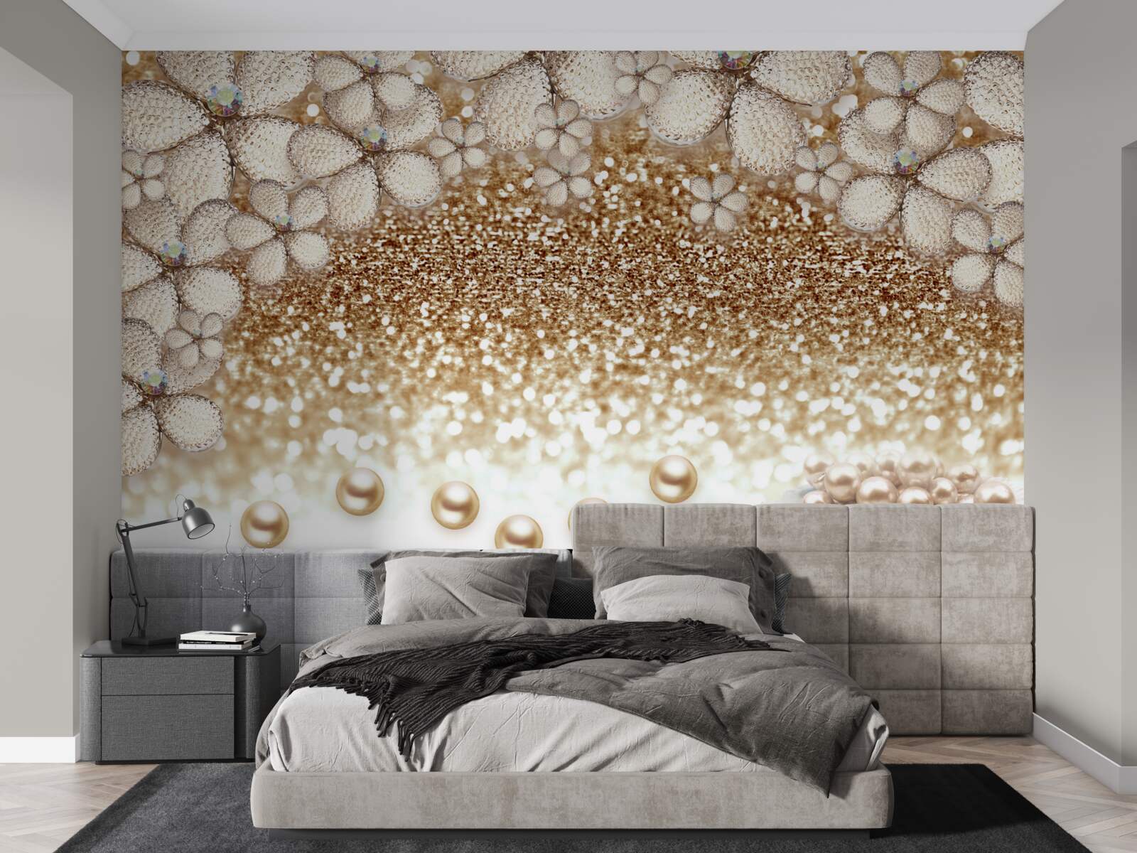 Fototapet flori albe și aurii și perle