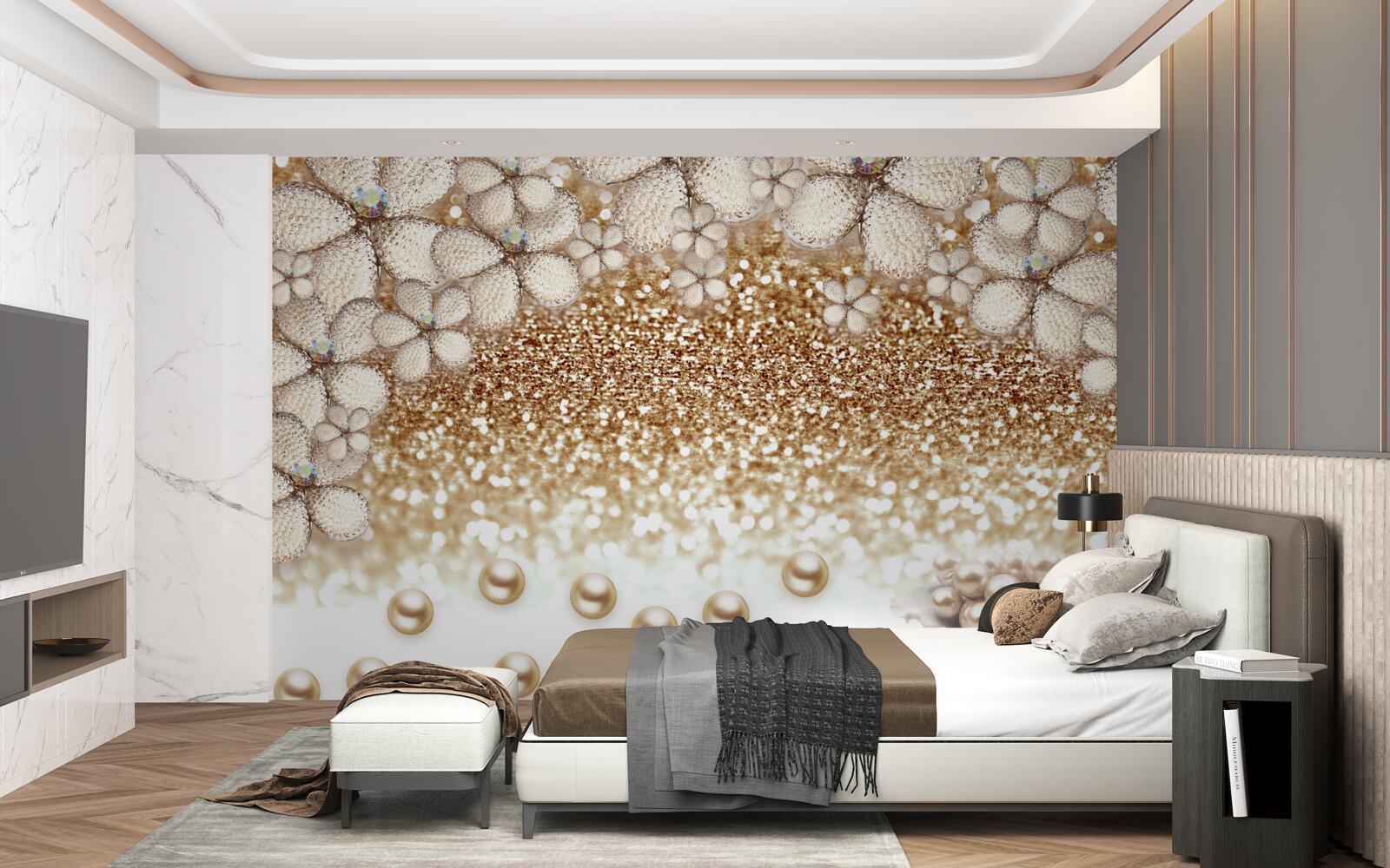 Fototapet flori albe și aurii și perle