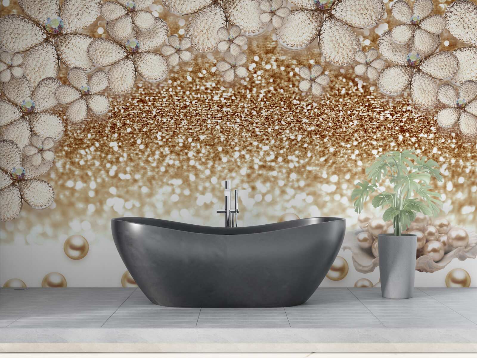 Fototapet flori albe și aurii și perle