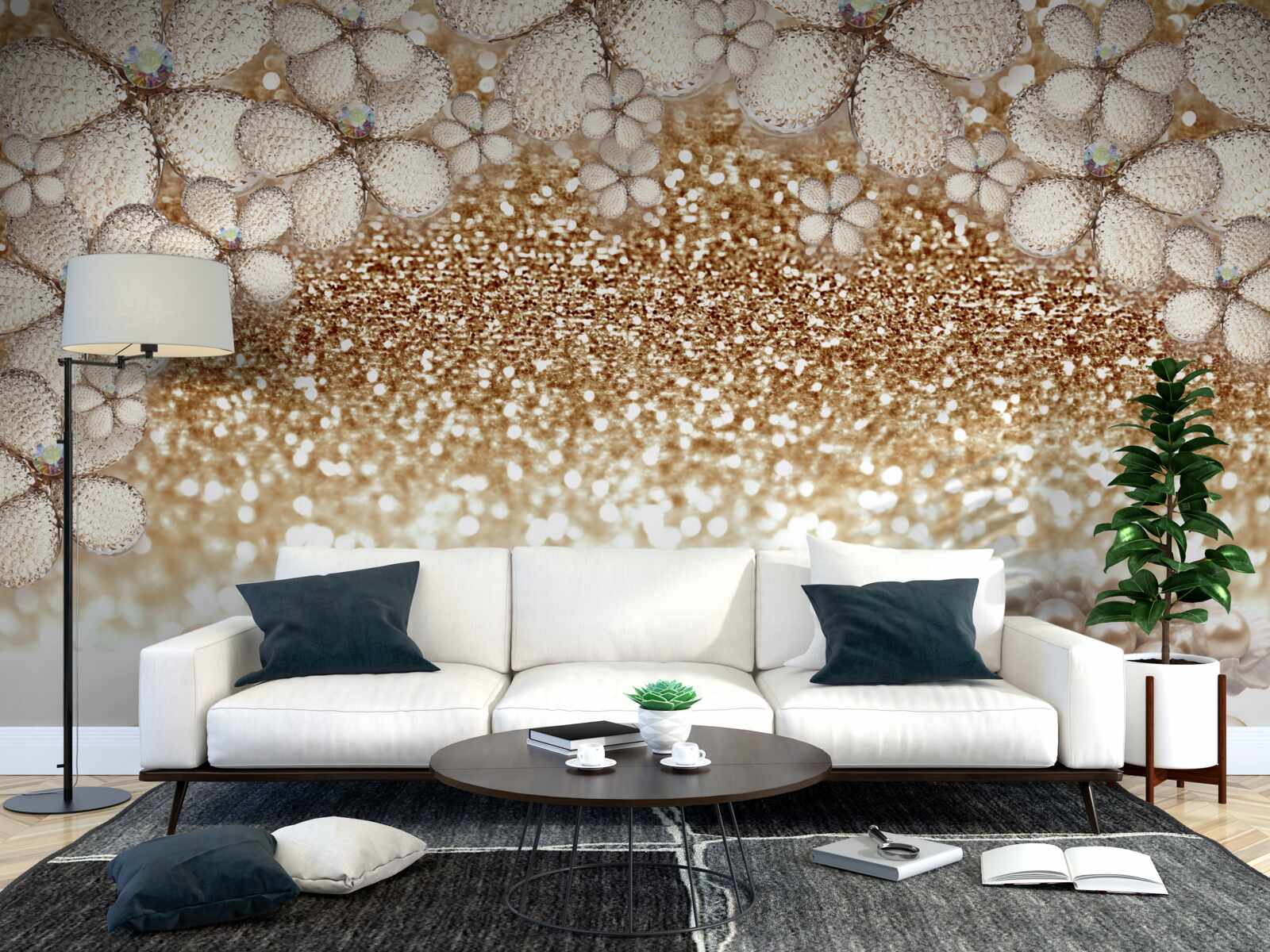 Fototapet flori albe și aurii și perle