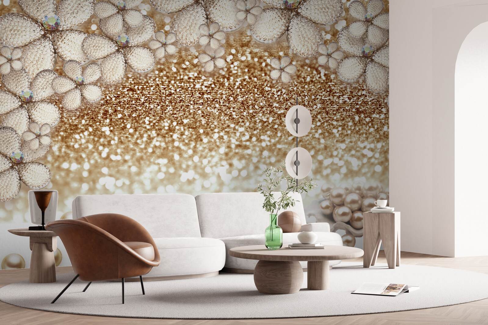 Fototapet flori albe și aurii și perle