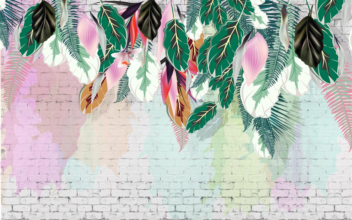 Fototapet frunze tropicale pe un fundal roz