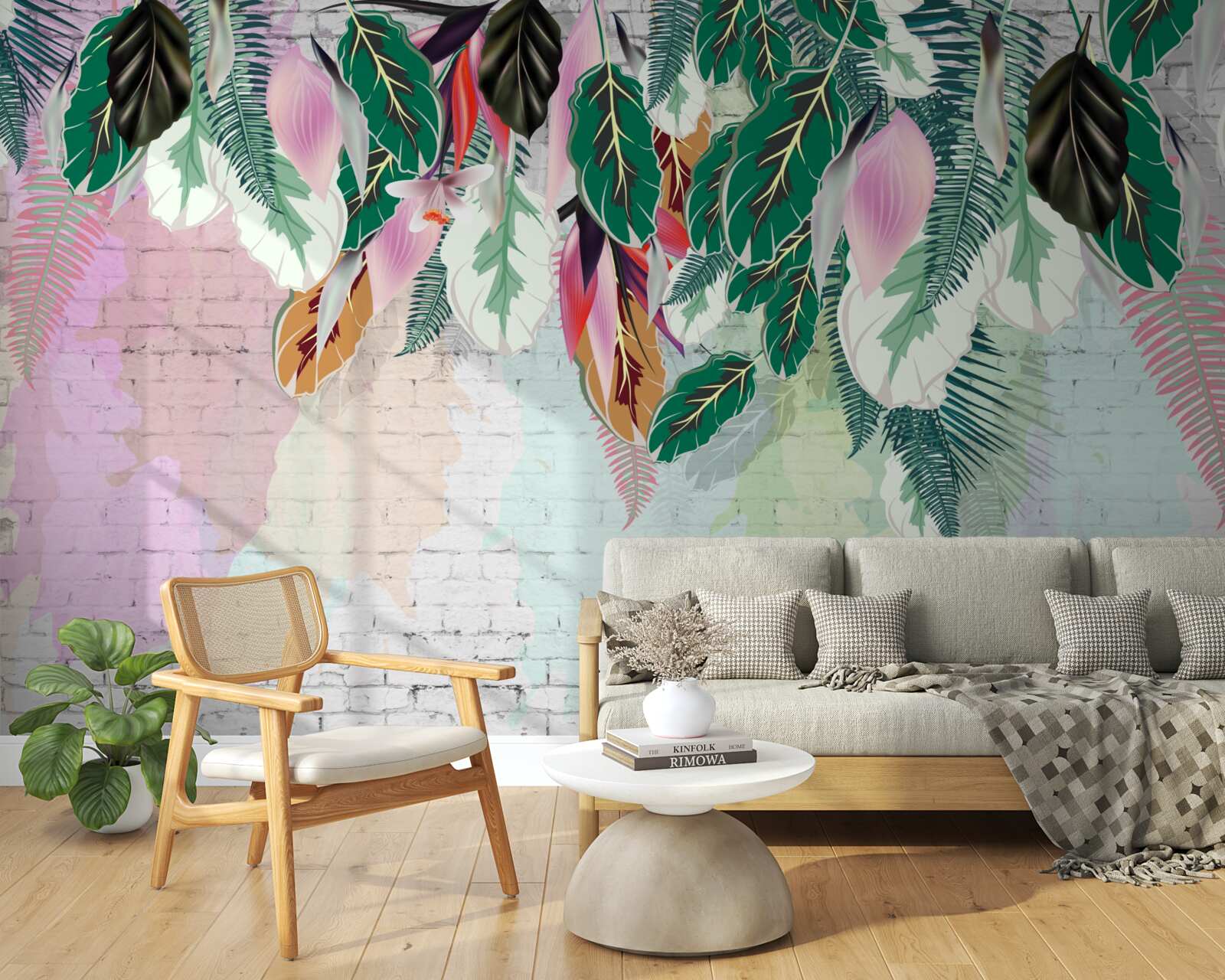 Fototapet frunze tropicale pe un fundal roz