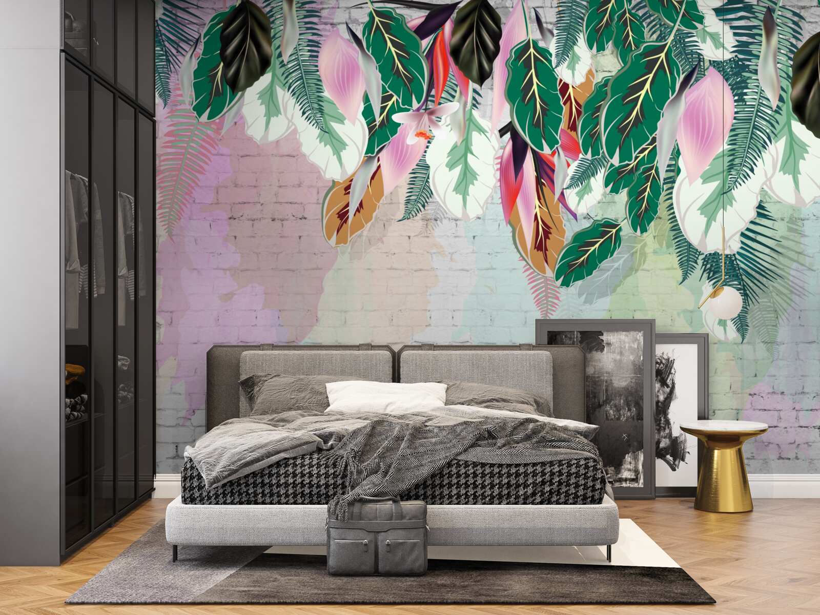 Fototapet frunze tropicale pe un fundal roz