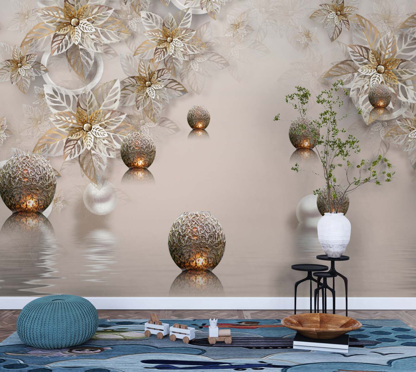 Fototapet plante de aur și bile cu iluminare