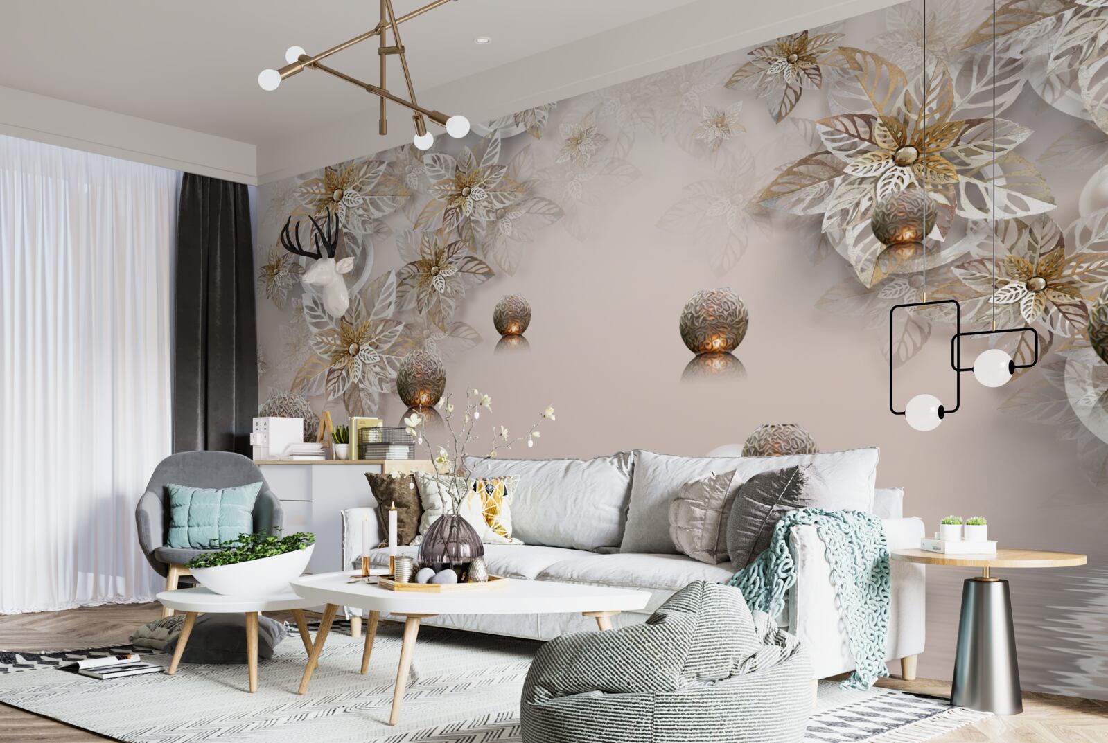 Fototapet plante de aur și bile cu iluminare