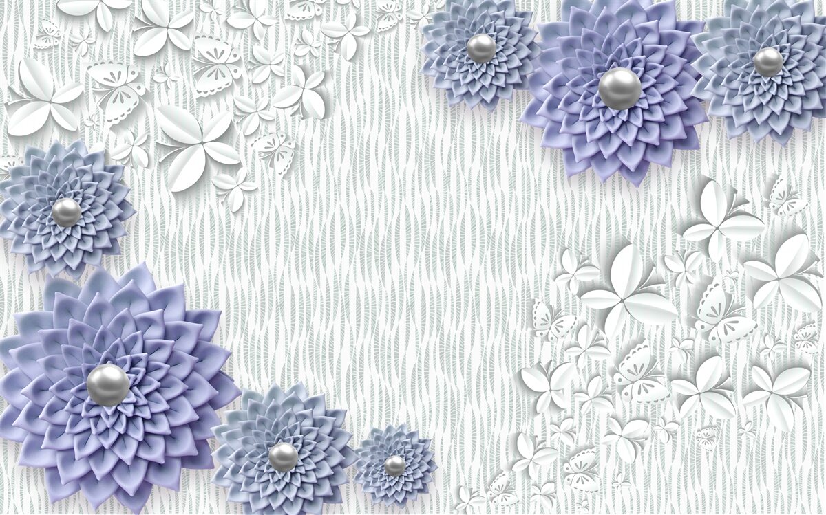 Fototapet țesătură albastră cu flori și fluturi