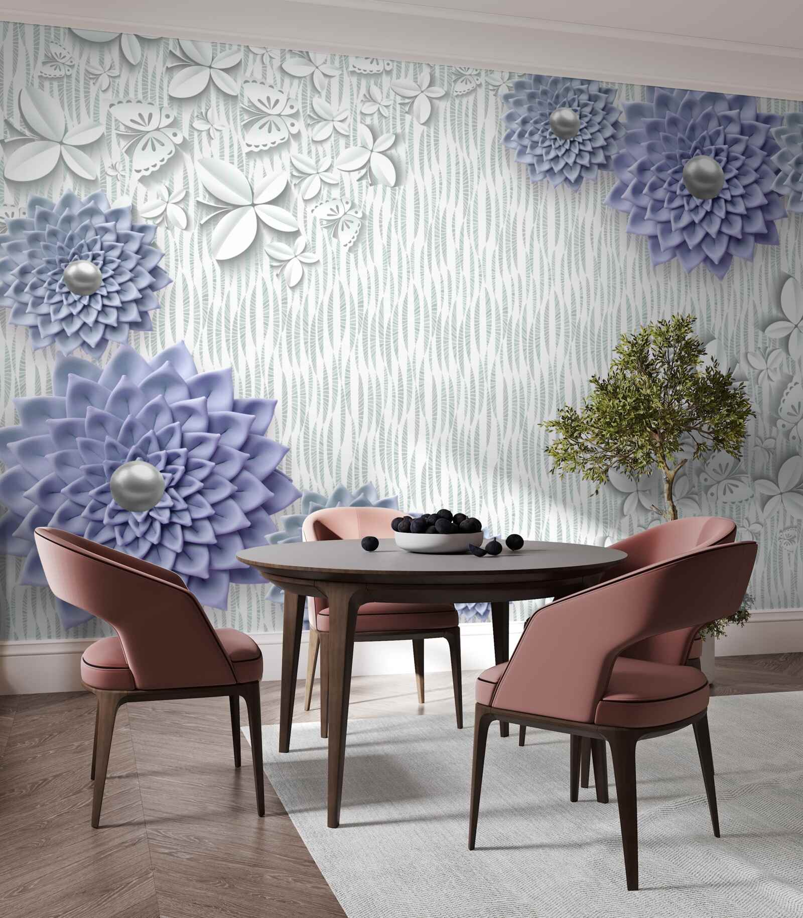 Fototapet țesătură albastră cu flori și fluturi