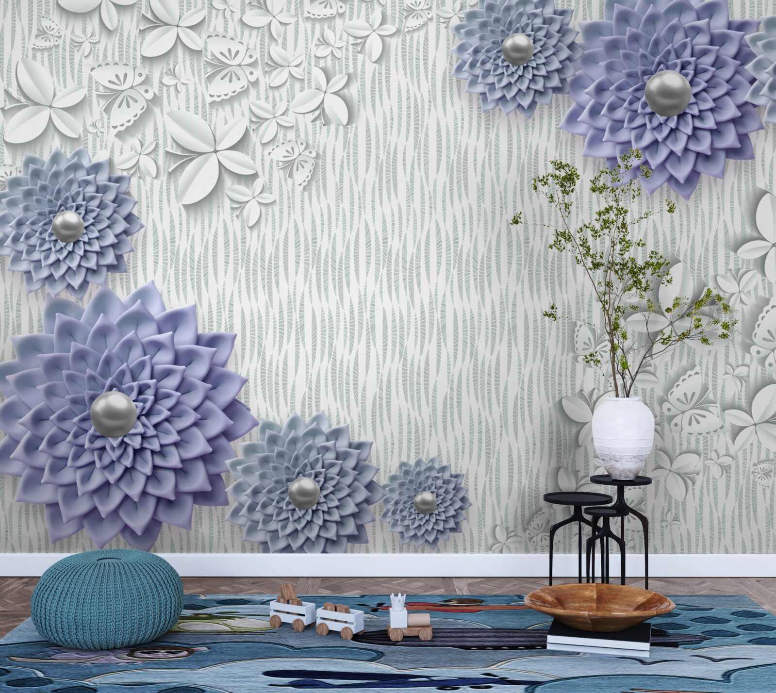 Fototapet țesătură albastră cu flori și fluturi