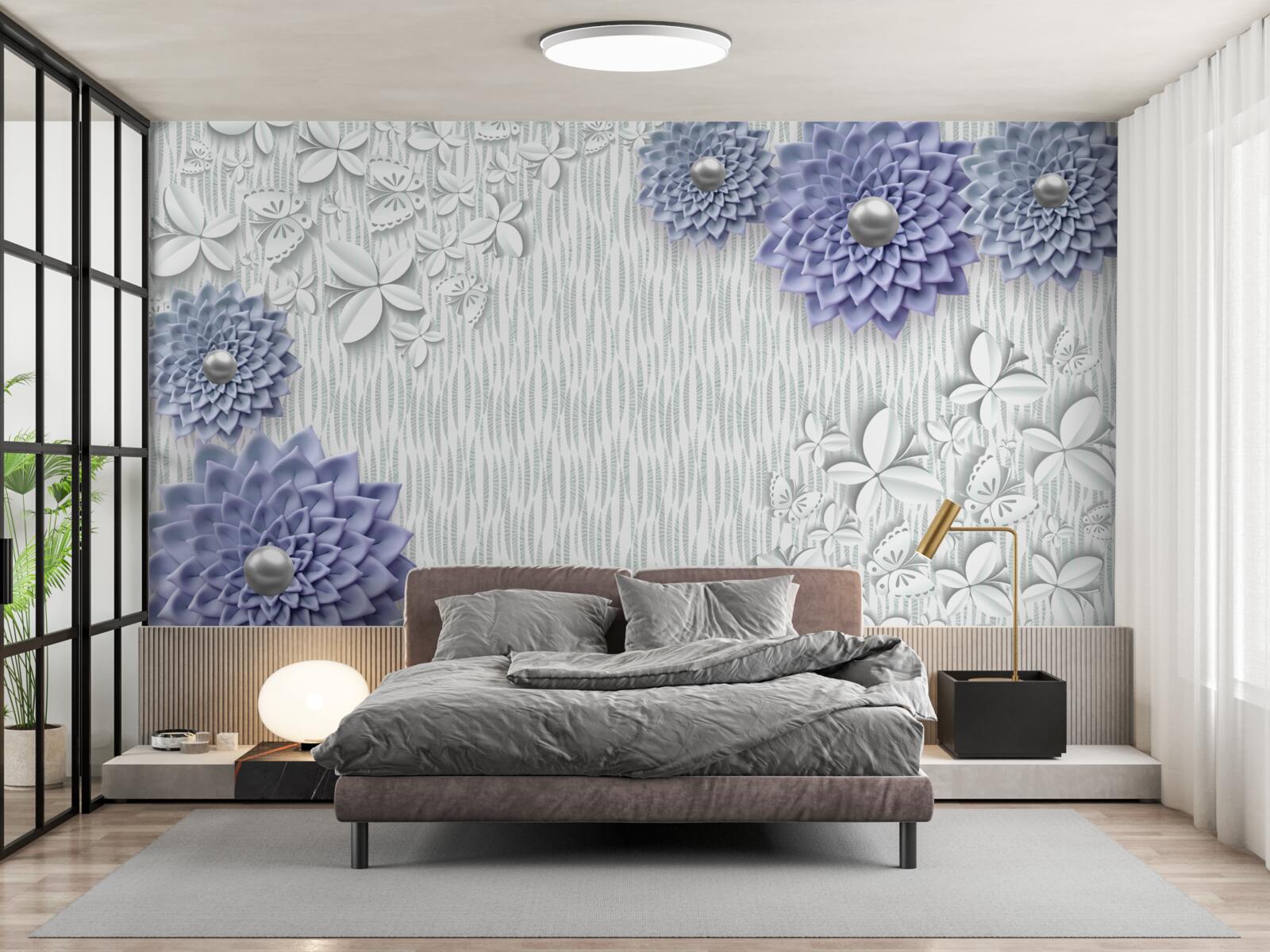 Fototapet țesătură albastră cu flori și fluturi