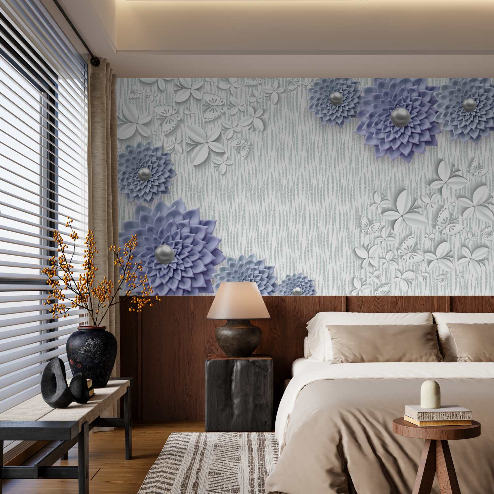 Fototapet țesătură albastră cu flori și fluturi