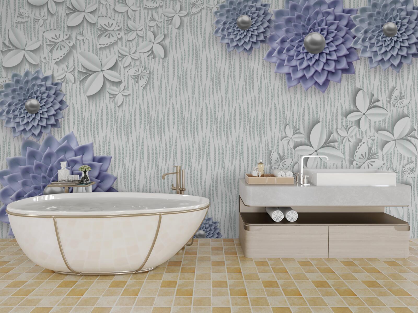 Fototapet țesătură albastră cu flori și fluturi