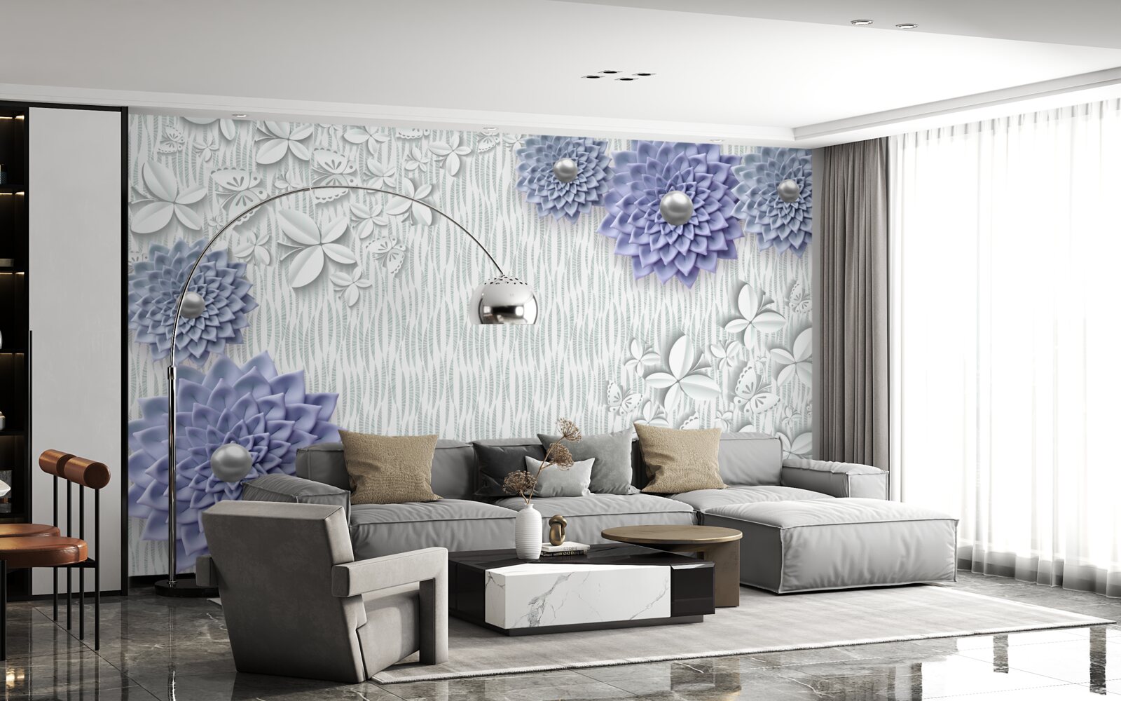 Fototapet țesătură albastră cu flori și fluturi