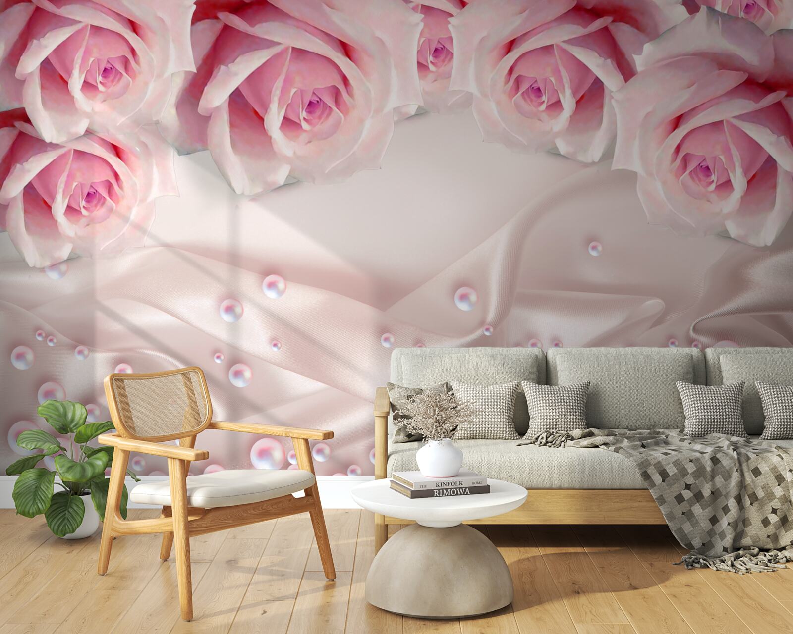 Fototapet set complex de margele si trandafiri roz de matase