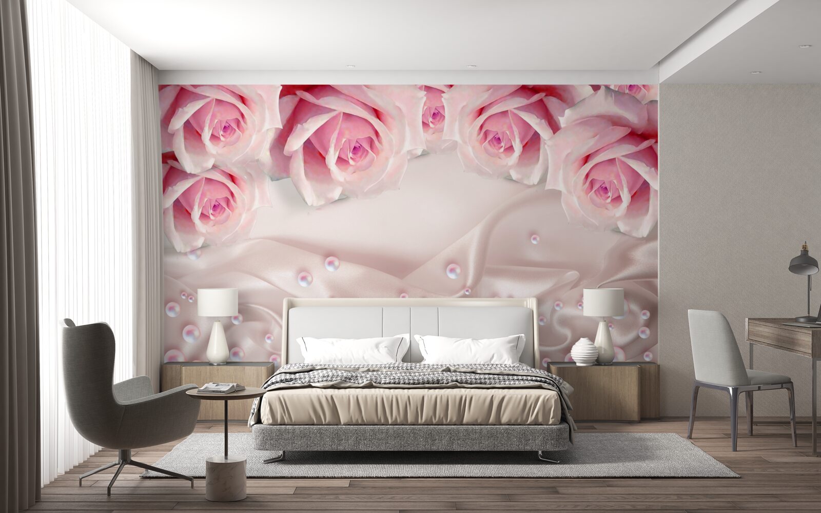 Fototapet set complex de margele si trandafiri roz de matase