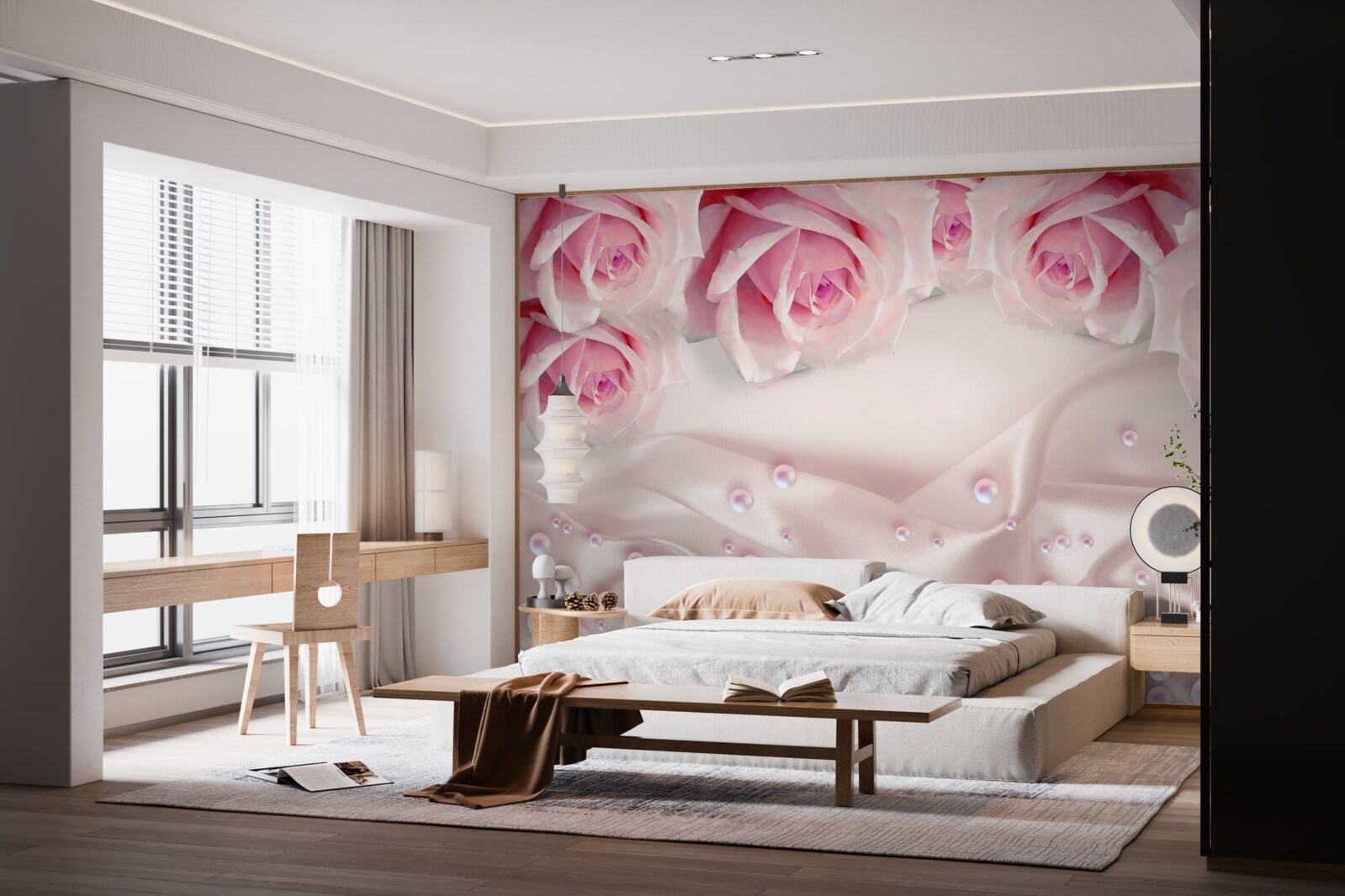 Fototapet set complex de margele si trandafiri roz de matase