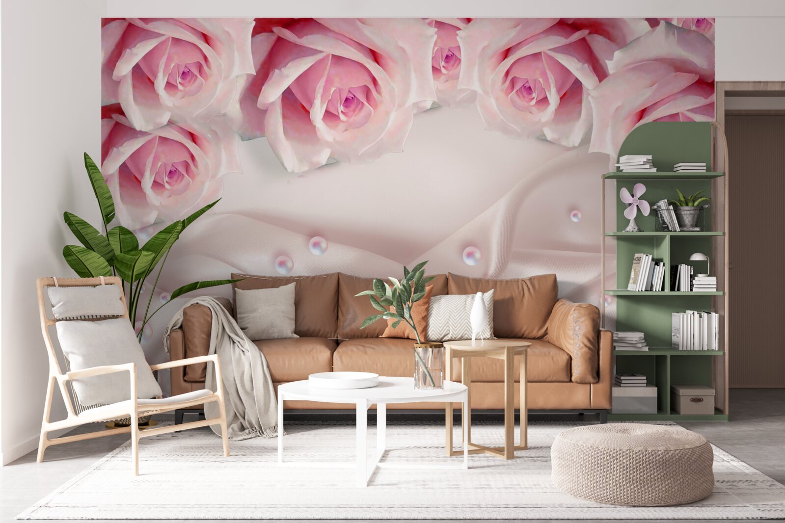 Fototapet set complex de margele si trandafiri roz de matase