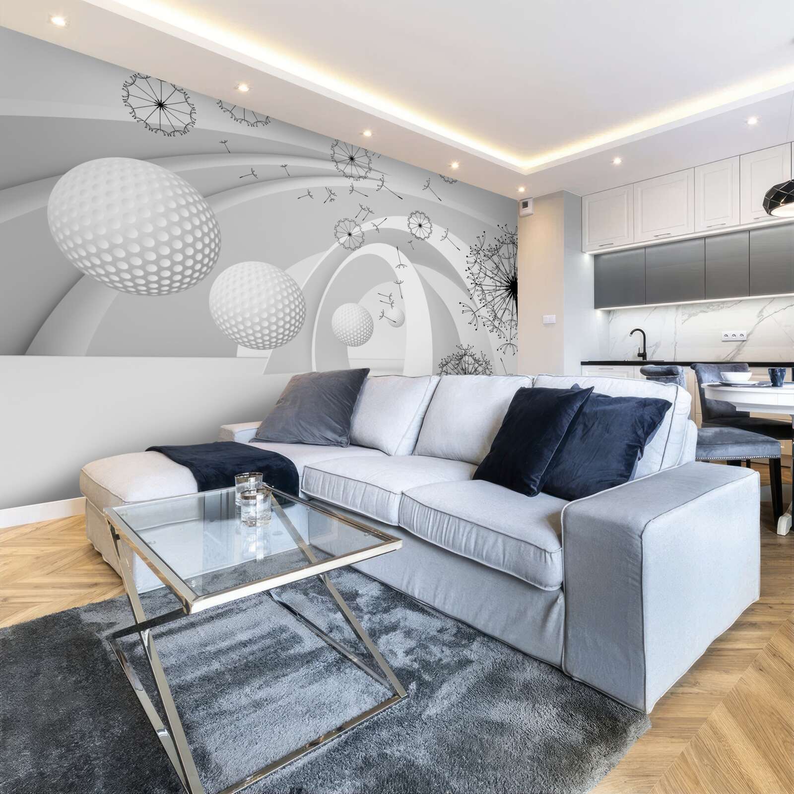 Fototapet Arcurile sunt albe ca zăpada, decorate cu flori de păpădie