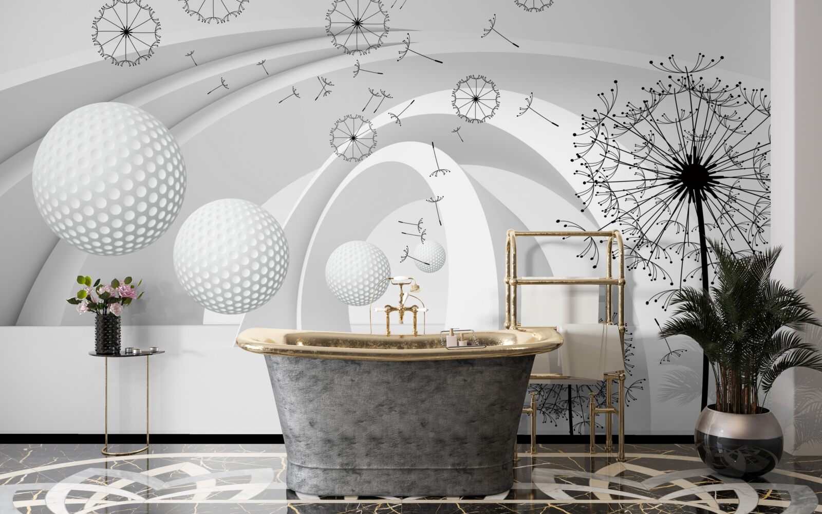 Fototapet Arcurile sunt albe ca zăpada, decorate cu flori de păpădie