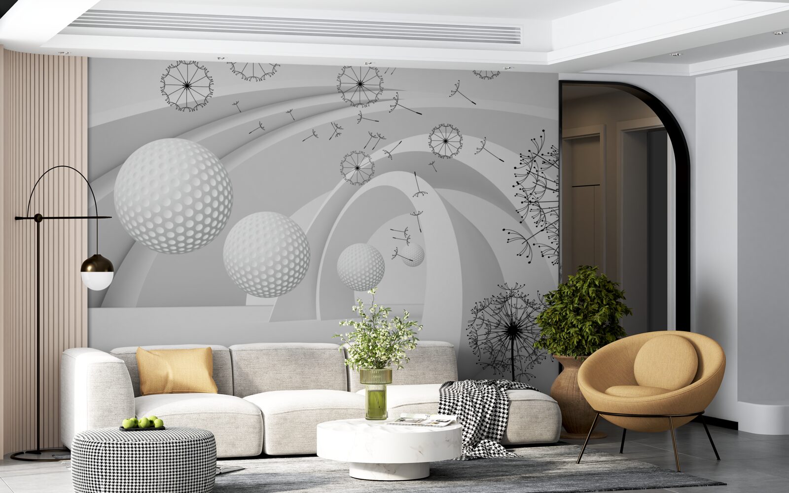 Fototapet Arcurile sunt albe ca zăpada, decorate cu flori de păpădie