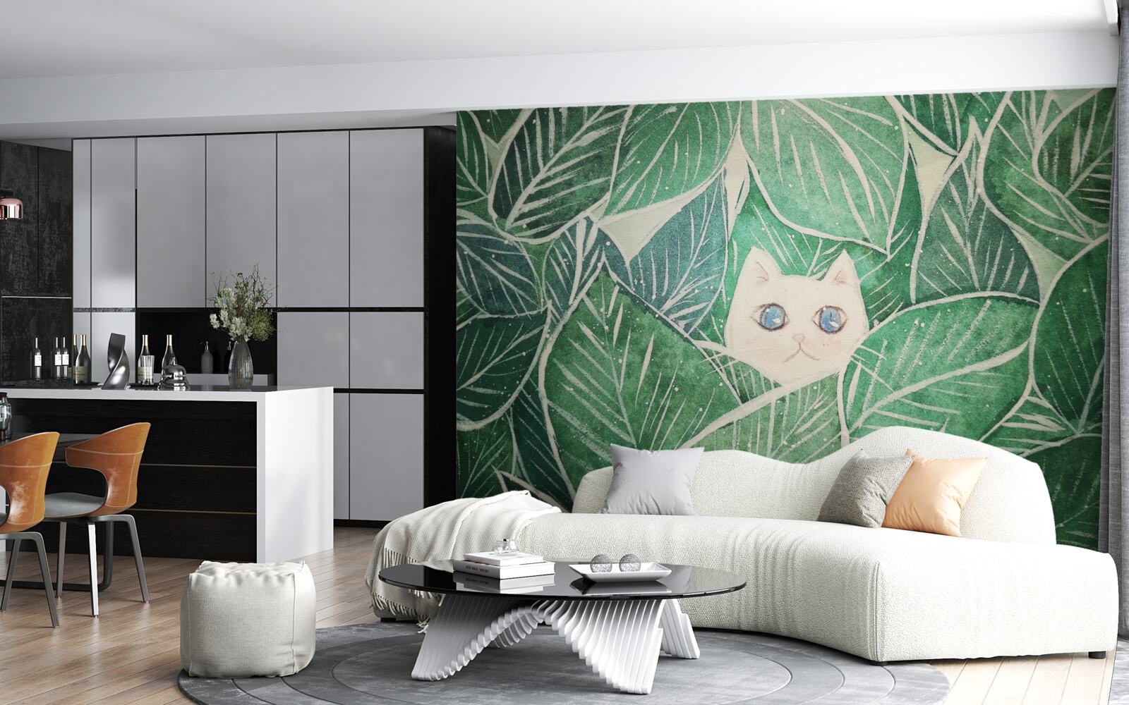 Fototapet o pisicuță pierdută printre frunzele verzi