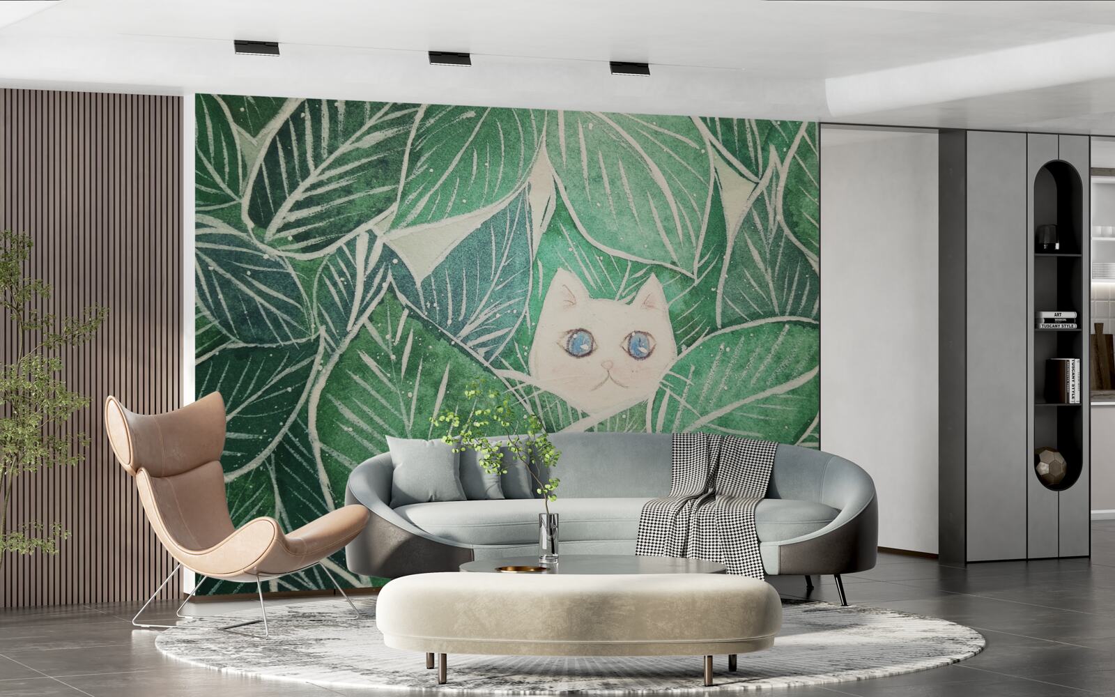 Fototapet o pisicuță pierdută printre frunzele verzi