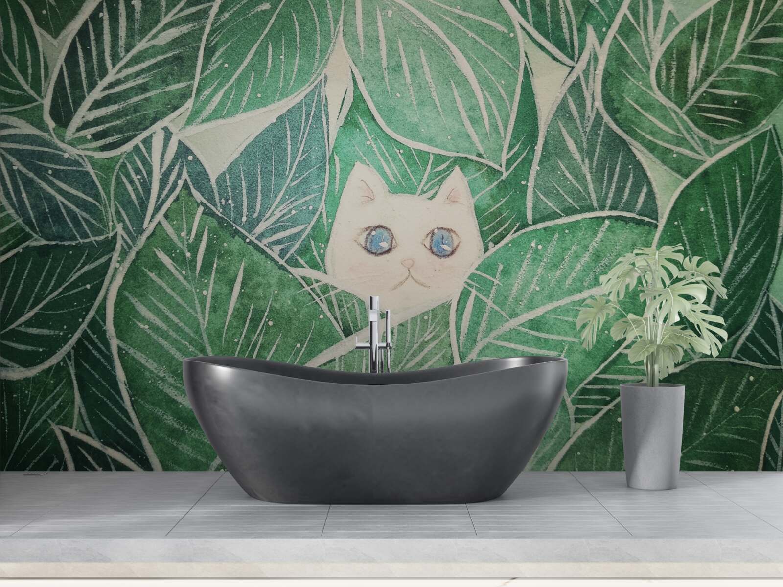 Fototapet o pisicuță pierdută printre frunzele verzi