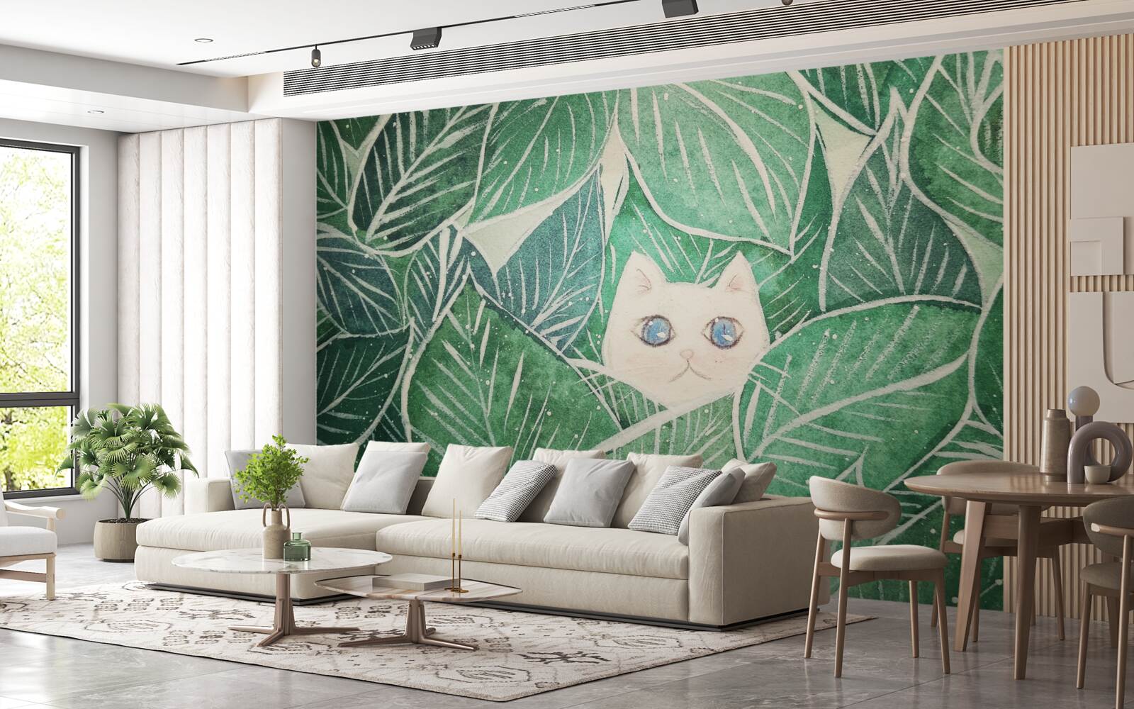 Fototapet o pisicuță pierdută printre frunzele verzi