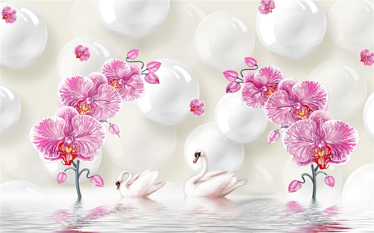 Fototapet magnolie liliac și lebede care înoată pe lac