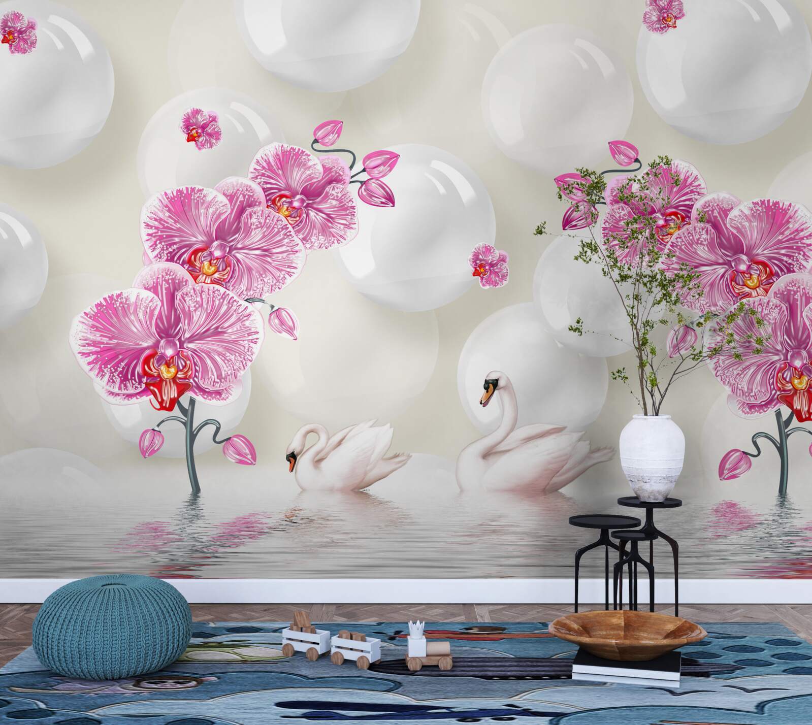 Fototapet magnolie liliac și lebede care înoată pe lac