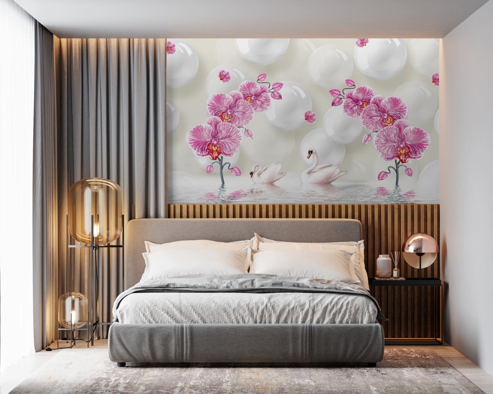 Fototapet magnolie liliac și lebede care înoată pe lac