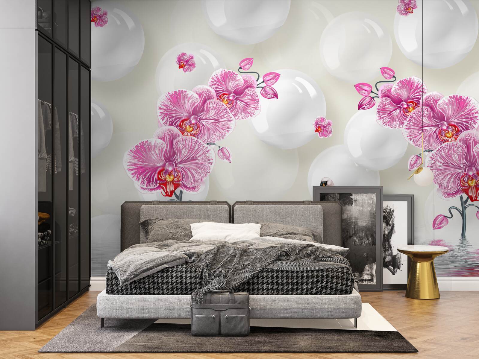 Fototapet magnolie liliac și lebede care înoată pe lac