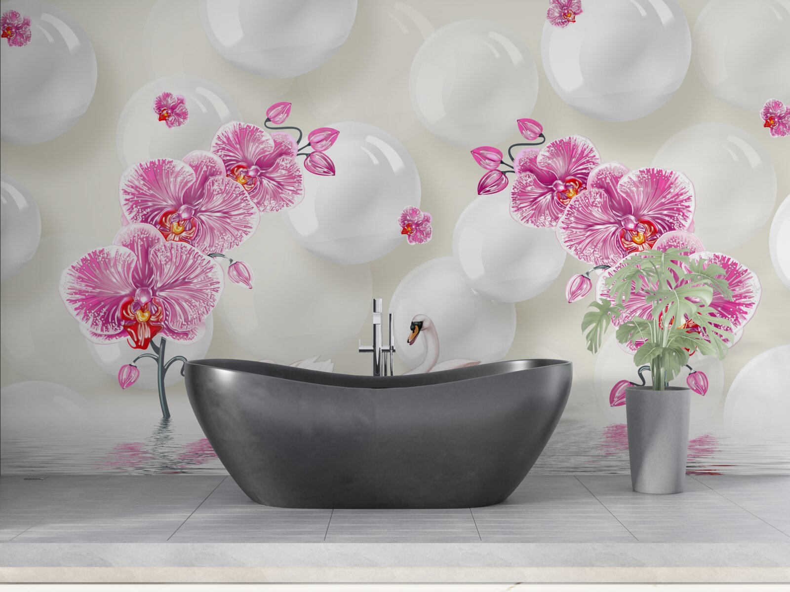 Fototapet magnolie liliac și lebede care înoată pe lac