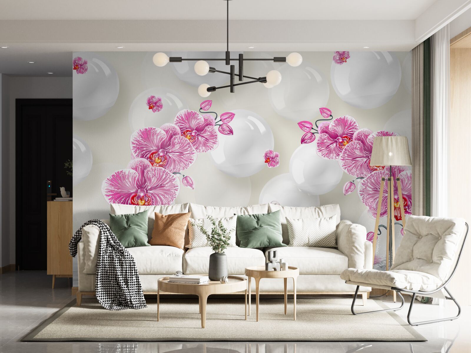 Fototapet magnolie liliac și lebede care înoată pe lac