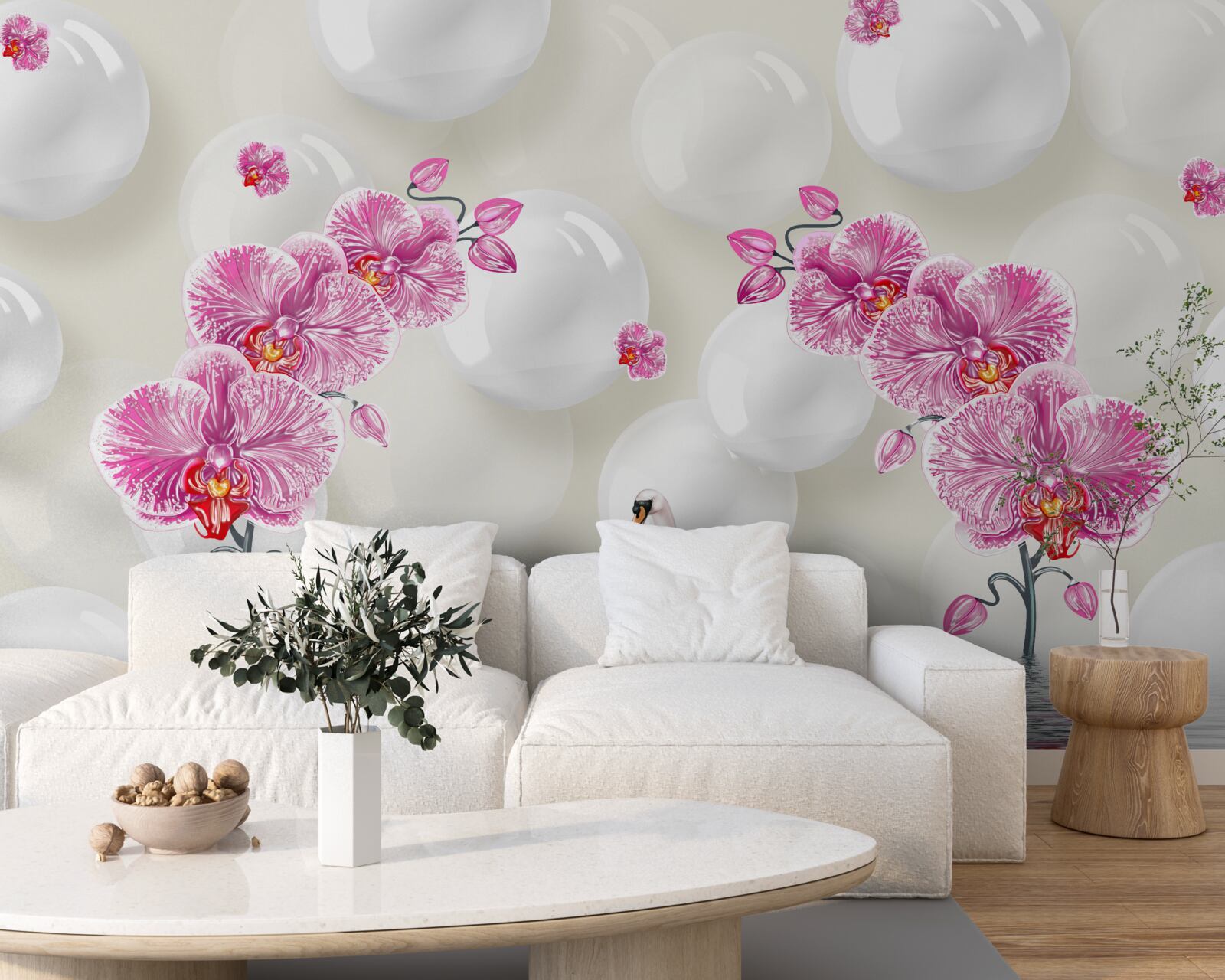 Fototapet magnolie liliac și lebede care înoată pe lac