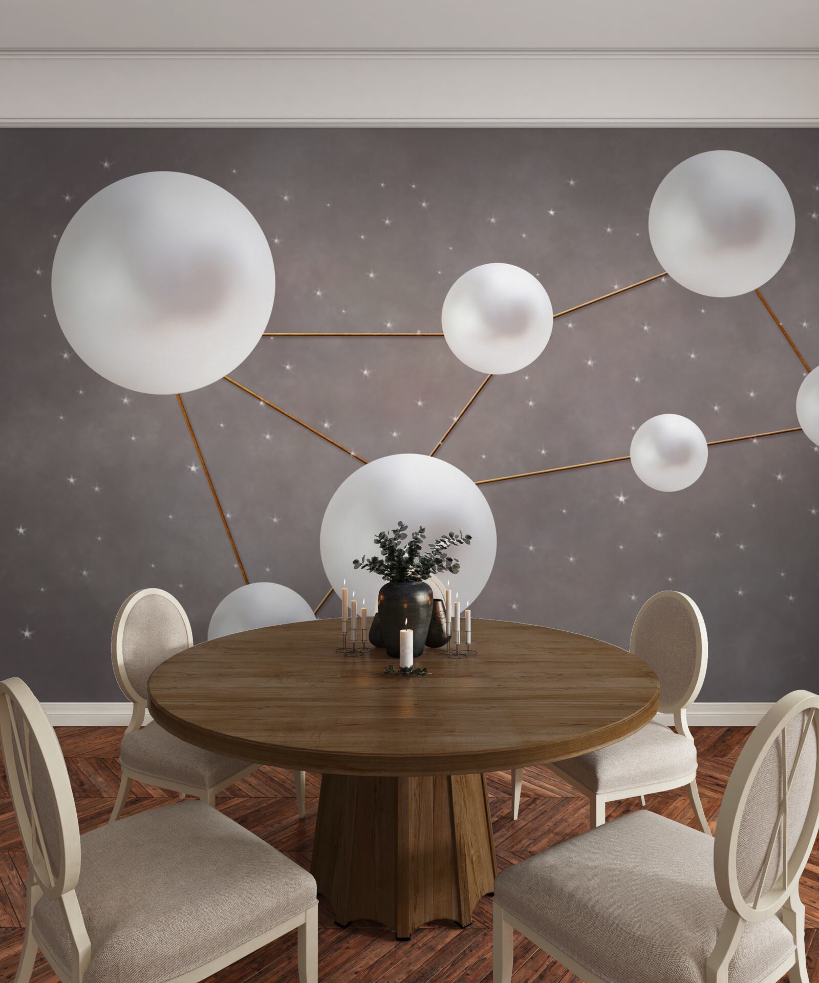 Fototapet bile albe decorate cu linii aurii sunt împrăștiate pe un fundal gri