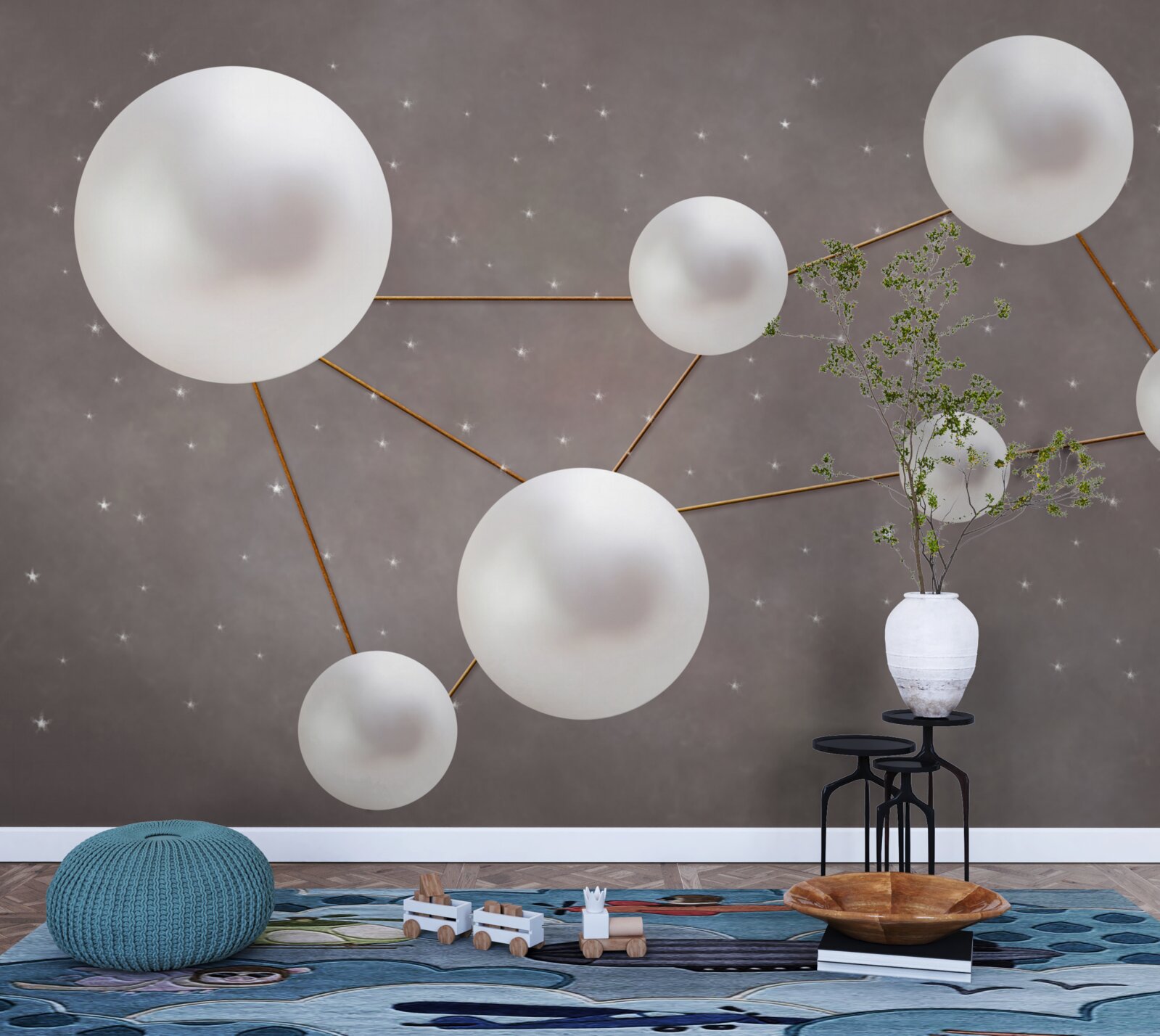 Fototapet bile albe decorate cu linii aurii sunt împrăștiate pe un fundal gri