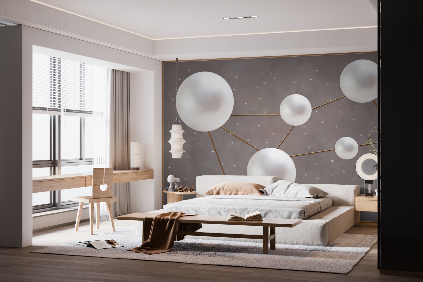 Fototapet bile albe decorate cu linii aurii sunt împrăștiate pe un fundal gri