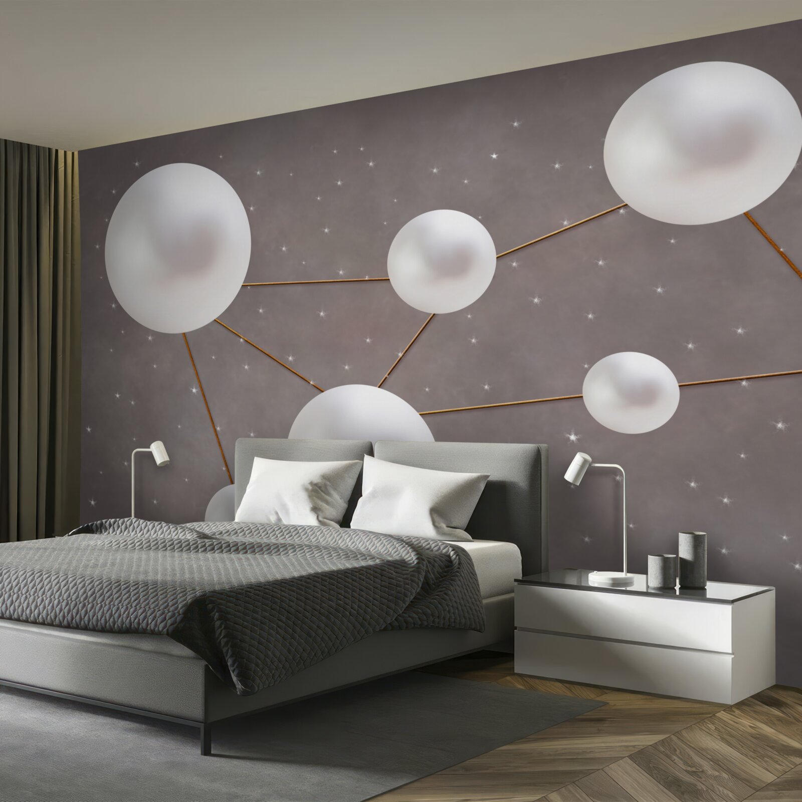 Fototapet bile albe decorate cu linii aurii sunt împrăștiate pe un fundal gri