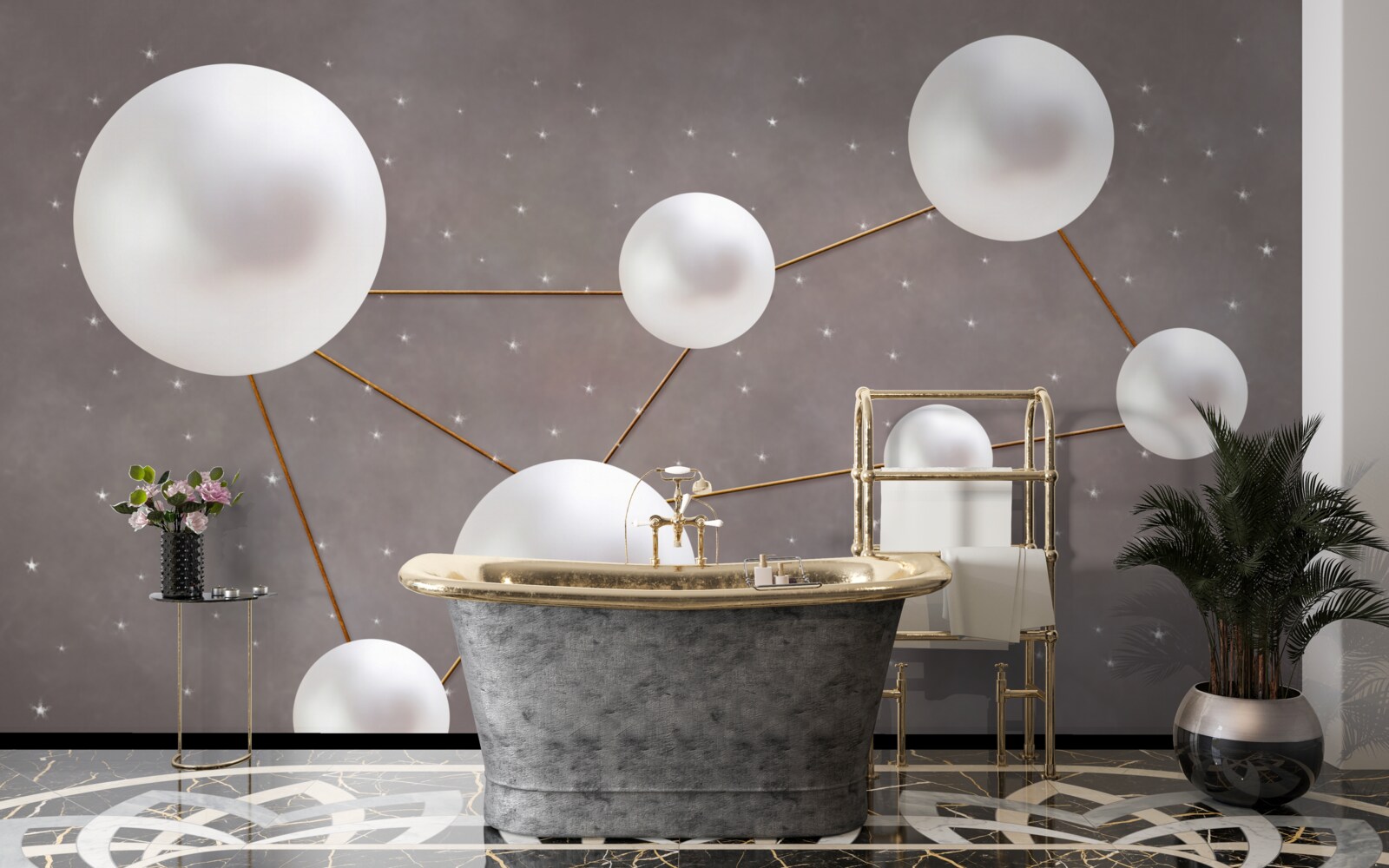 Fototapet bile albe decorate cu linii aurii sunt împrăștiate pe un fundal gri