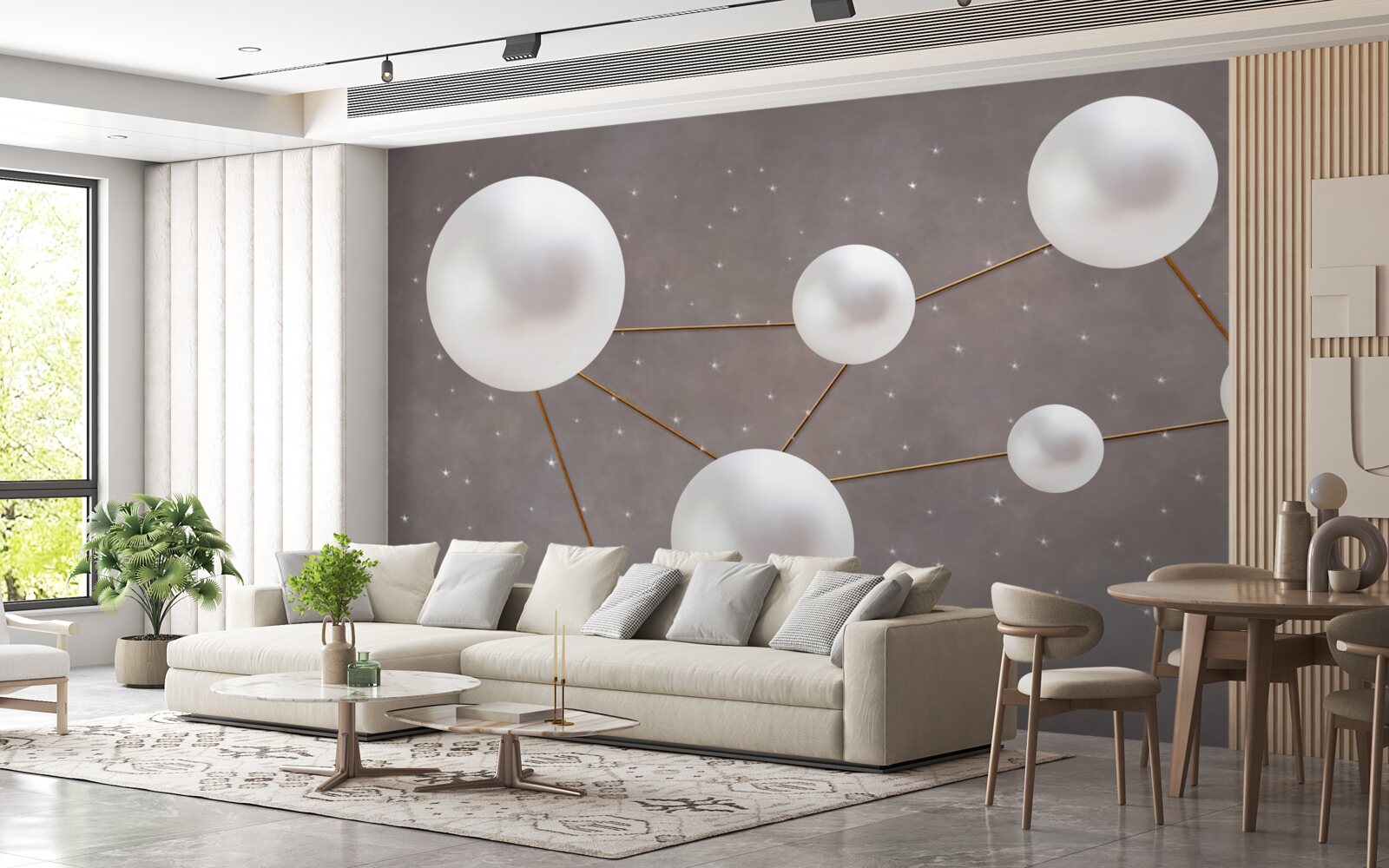 Fototapet bile albe decorate cu linii aurii sunt împrăștiate pe un fundal gri