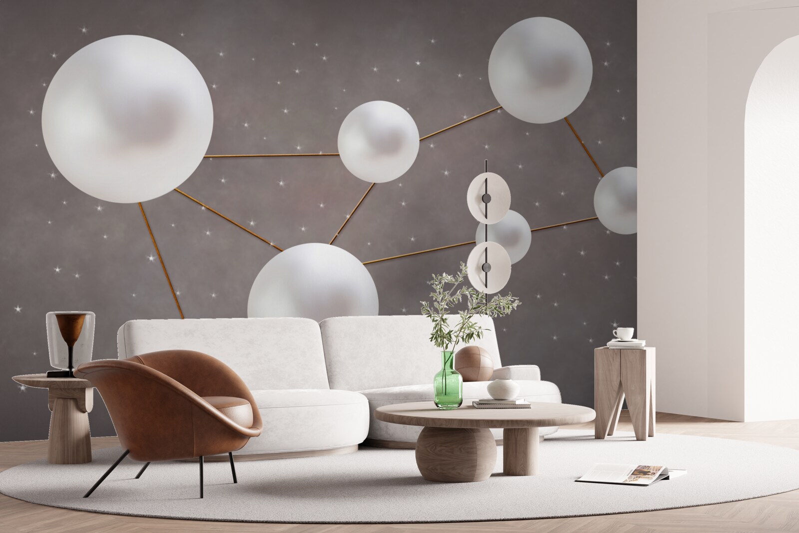 Fototapet bile albe decorate cu linii aurii sunt împrăștiate pe un fundal gri