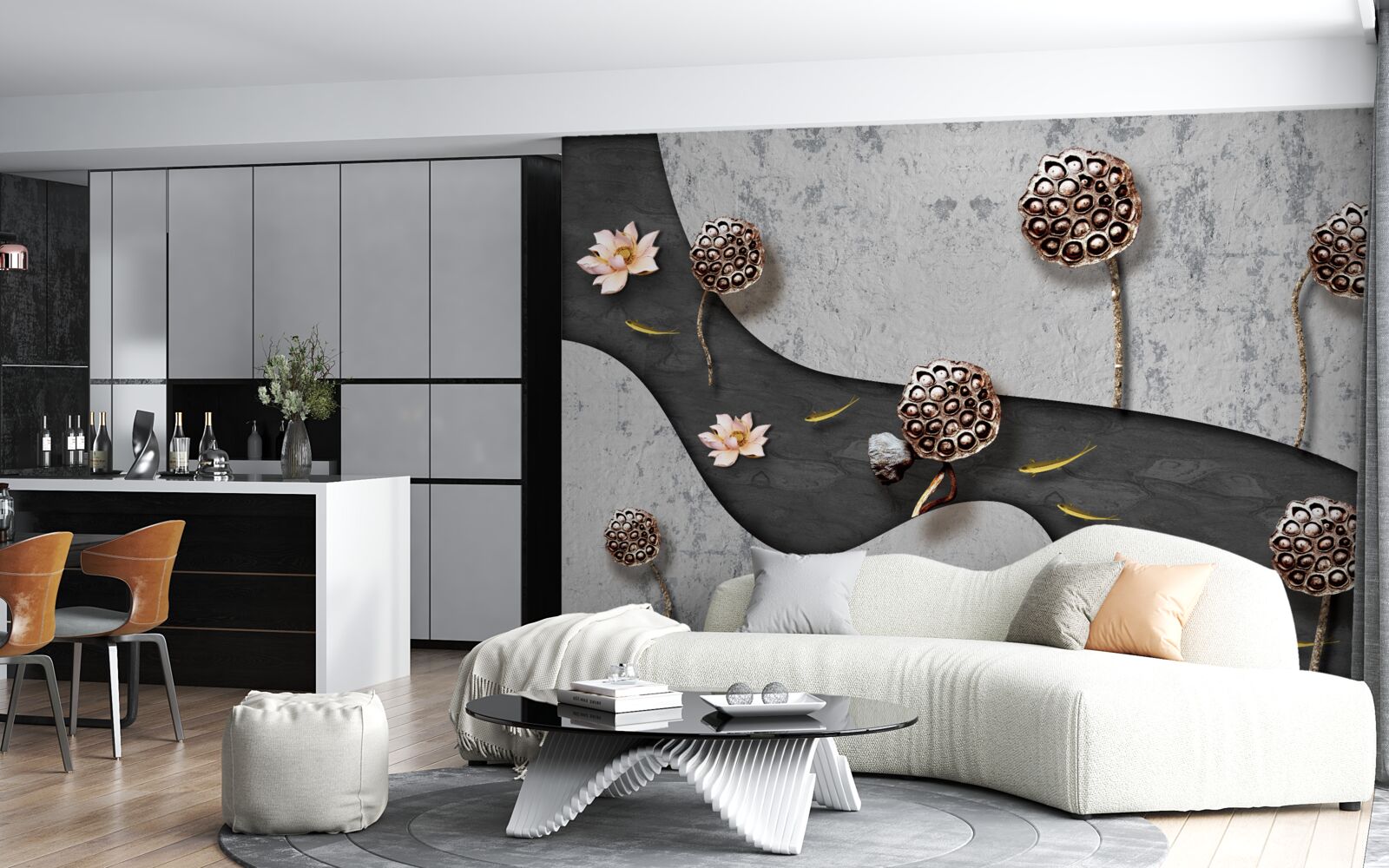 Fototapet cale abstractă punctată cu flori într-un câmp