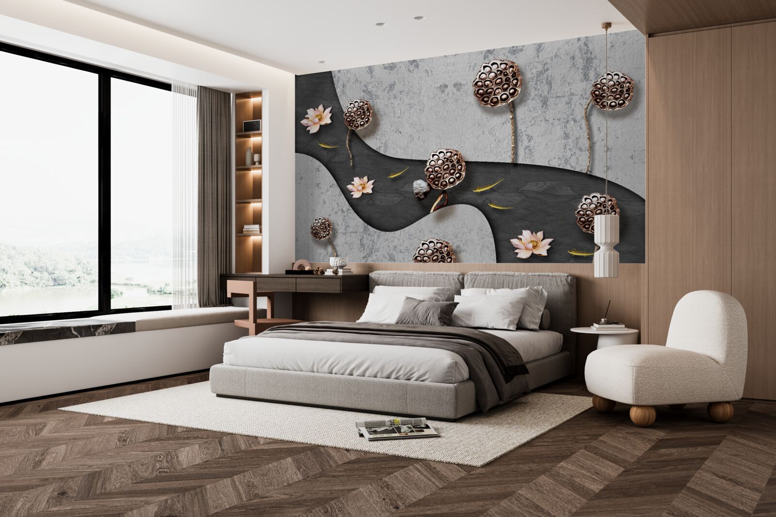 Fototapet cale abstractă punctată cu flori într-un câmp