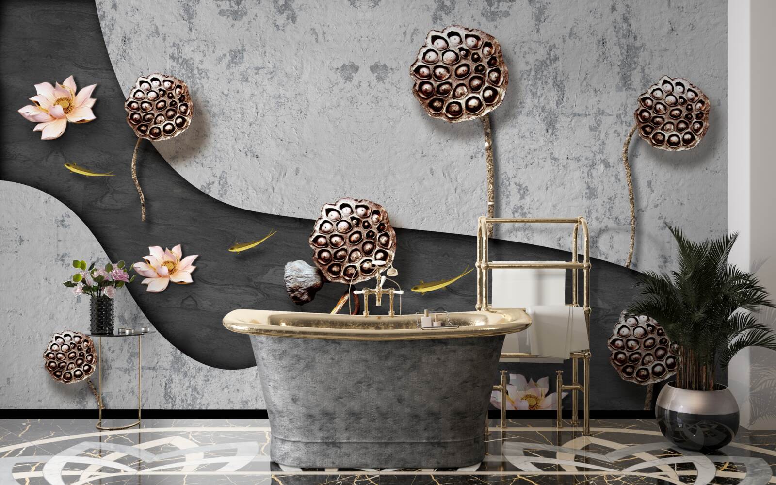 Fototapet cale abstractă punctată cu flori într-un câmp