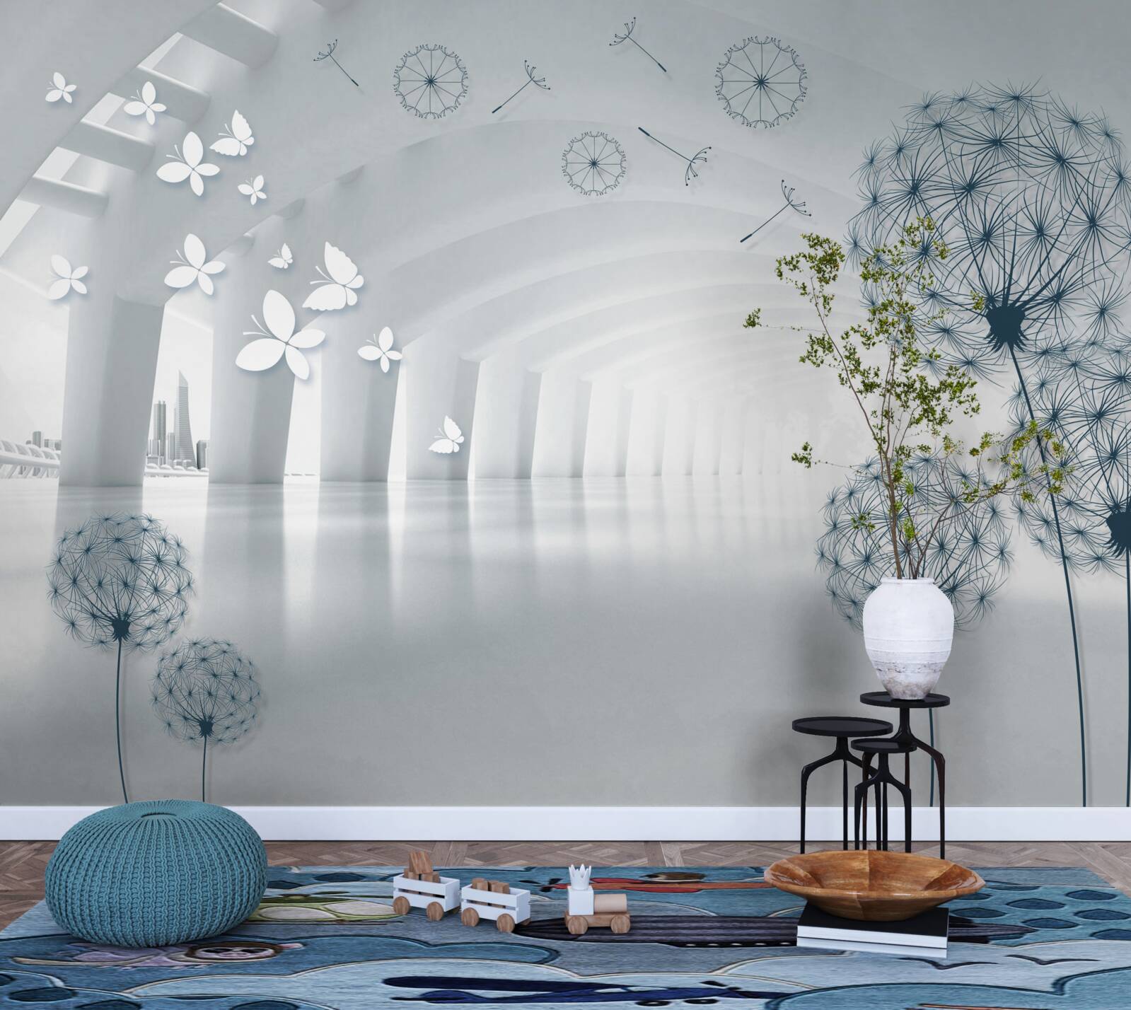 Fototapet Arcuri albe ca zăpada pe cer și câmp de lăptișor de matcă